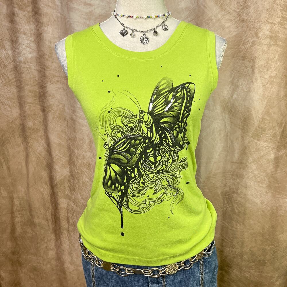Y2K Butterfly Tank Top Green Sequin Graphic Tee Sleeveless Tattoo Art Indie Boho